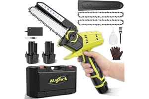 HAJACK Mini Chainsaw, 6-Inch Electric Cordless Chainsaw with 2 Batteries & 2 Chains, Power Chain Saws with Power Indicator, Portable Handheld Chainsaw for Trimming & Cutting, Small Battery Chainsaw