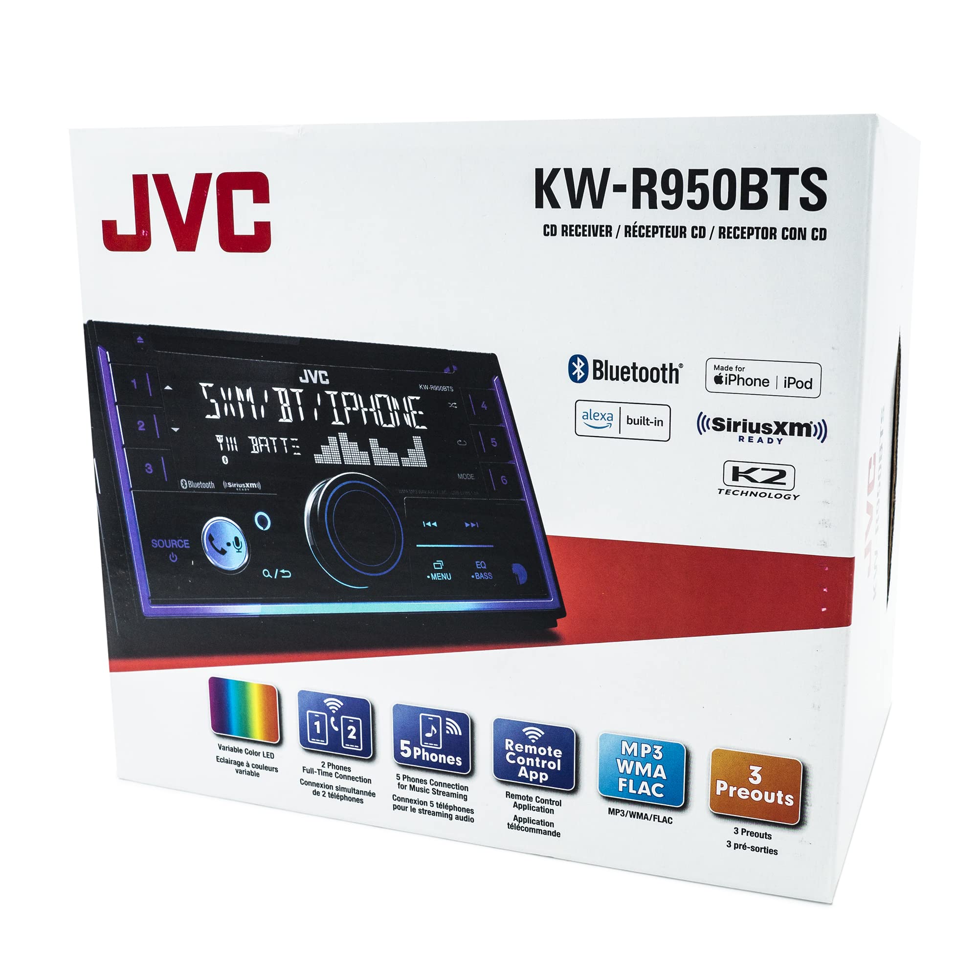 JVC KW-R950BTS Bluetooth Car Stereo Receiver with USB Port – LCD Display - AM/FM Radio - MP3 Player - Double DIN – 13-Band EQ (Black)