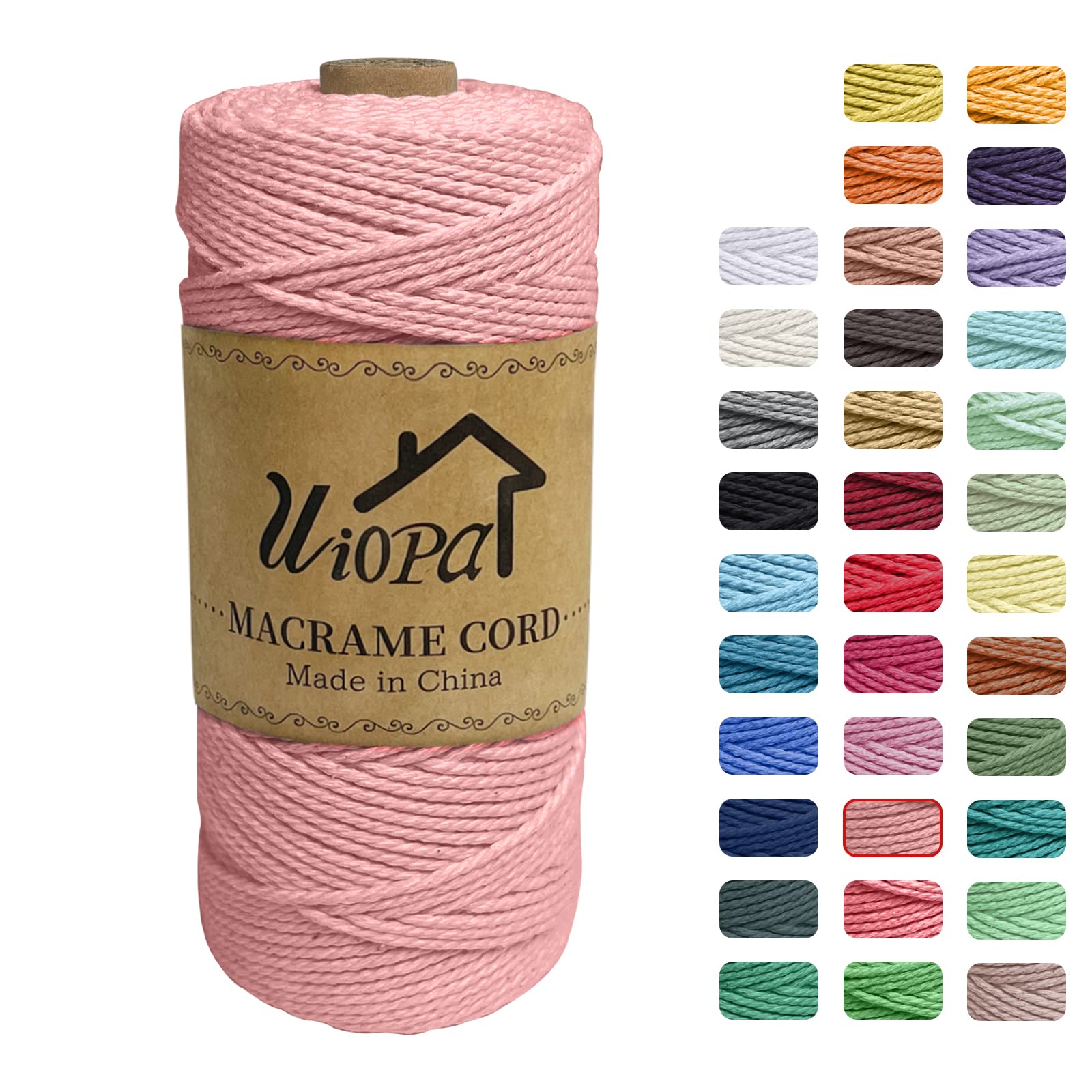 Uiopa Macrame Cord 2mm x 200m, 3-Strand Twisted Natural Cotton String, Macrame Cotton Rope Coloured String for Wall Hanging Plant Hanger Boho Home Decor Craft Projects