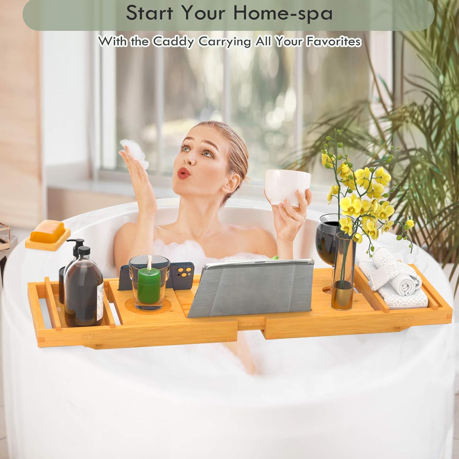 STOREMIC Bathtub Tray Caddy Expandable 29.5-44 Inch Bamboo Bath Tray for Tub with Wine Glass Book Holder Free Soap Holder Romantic Gift: Home & Kitchen