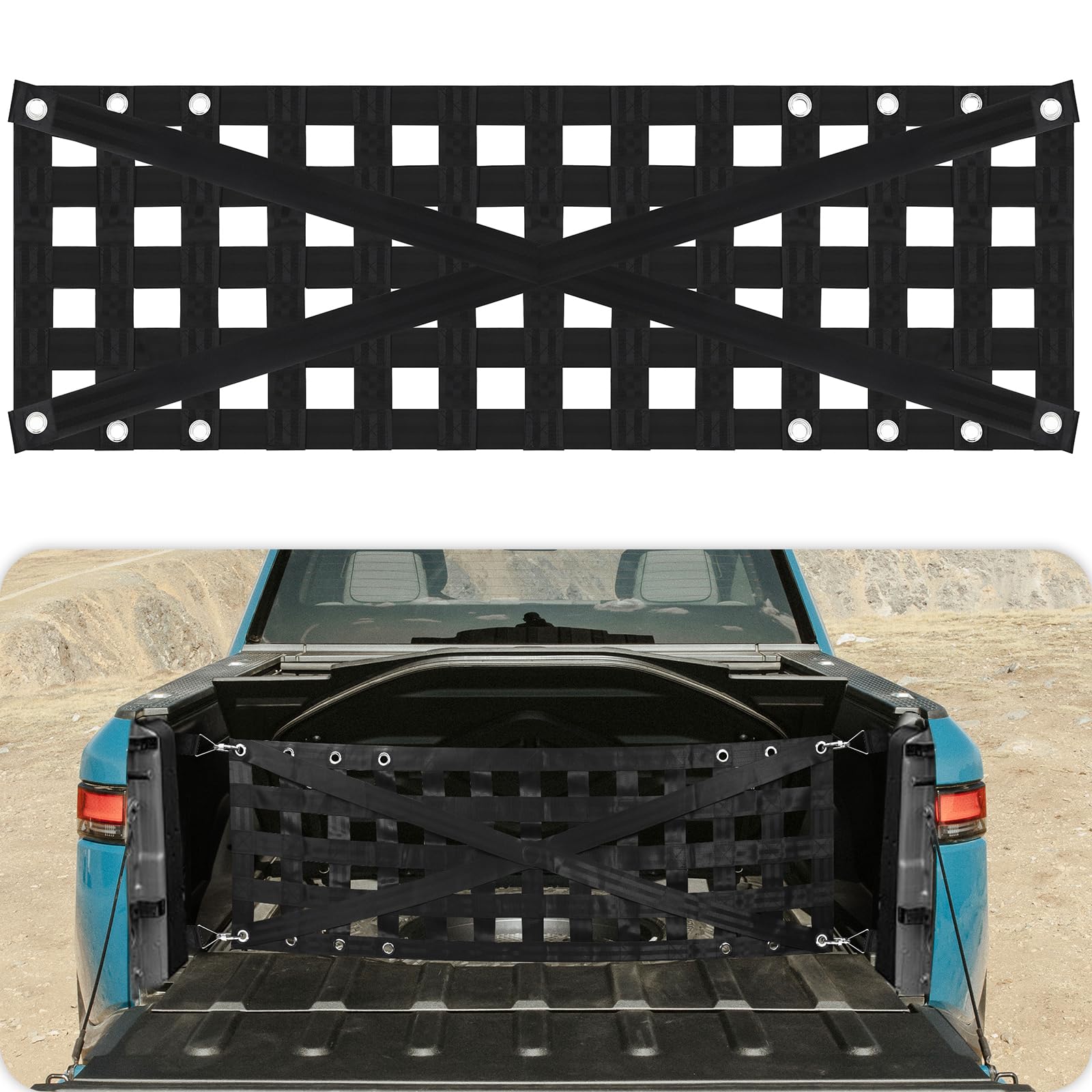 Photo 1 of Tailgate Net with Adjustable Buckle Straps, 54"x17.7" Tailgate Cargo Net for Truck Bed, Perfect for Jeep, Pickup, Truck, Chevrolet, Ford (Black)