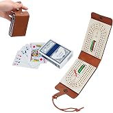 Travel Cribbage Board Game Set, with 6 Pags and 1 Playing Cards,Leather-Wood 3-Track Cribbage Board with Cards &amp; Pegs for Family Fun and Entertaining