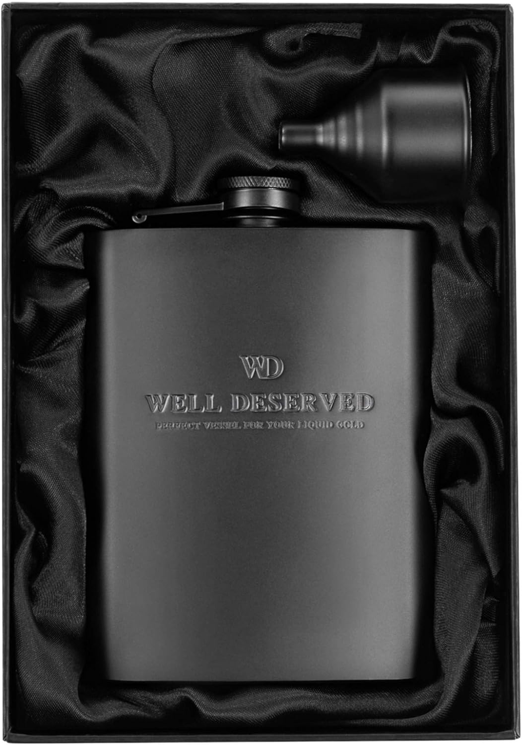 Matte Black Flask + Black Funnel + Black Canvas Pouch Gift Set, 8 oz. Engraved WELL DESERVED. Classy Packaging. Stainless Steel Hip Flask For Liquor For Men. Alcohol Drinking Flasks. By WELL-DESERVED