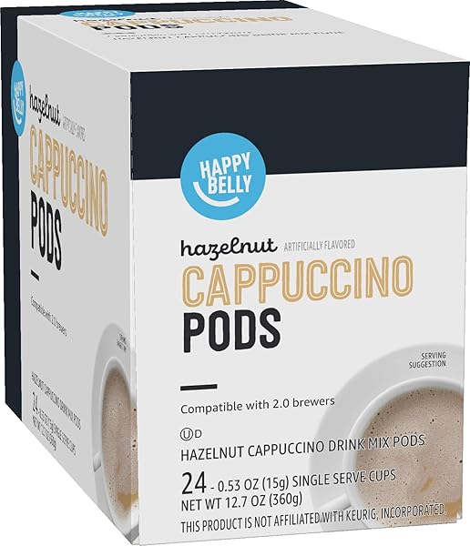HAPPY BELLY LIGHT ROAST CAPPUCCINO COFFEE PODS, HAZELNUT...