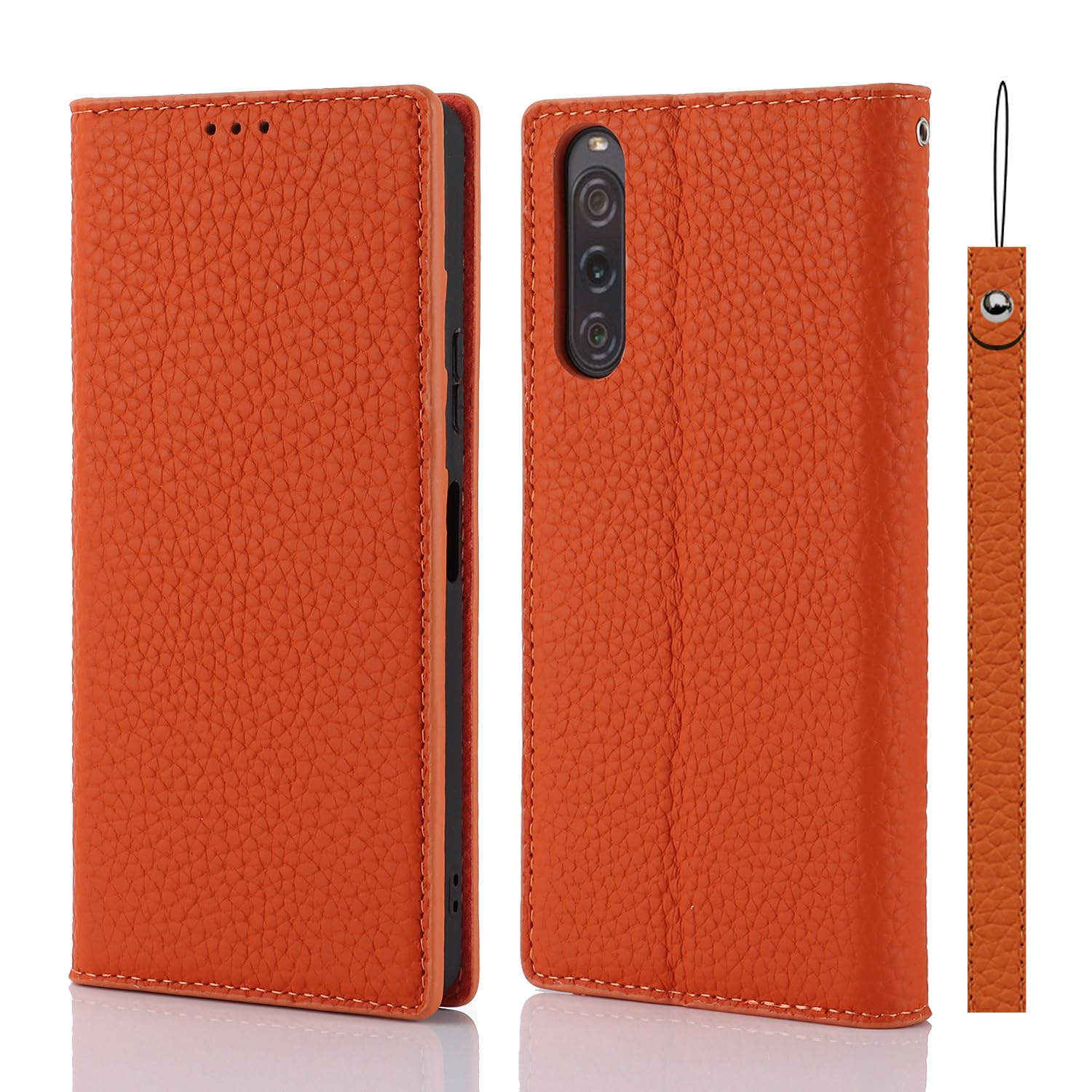 Cavor Phone Case Sony Xperia 10 V with Strap,Genuine Leather Flip Wallet Case,[3 Card Holder][Magnetic Closure][RFID-Blocking],Protective Case Cover for Sony Xperia 10 V - Orange — image 1