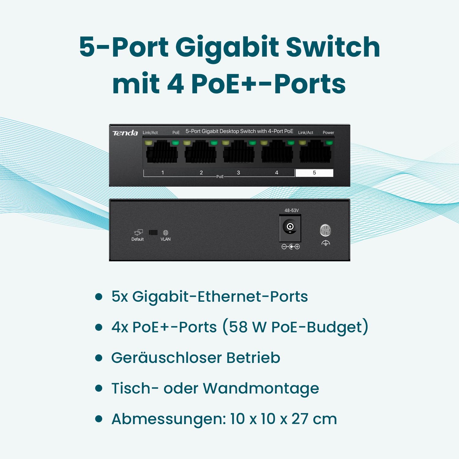 Tenda Gigabit PoE Switch 5 Ports mit 4 PoE+ Ports & 1 Uplink-Port (58W, VLAN, IEEE-802.3af/at PoE, lüfterlos, Plug-and-Play, Metallgehäuse) (TEG1105P-4-63W) 2