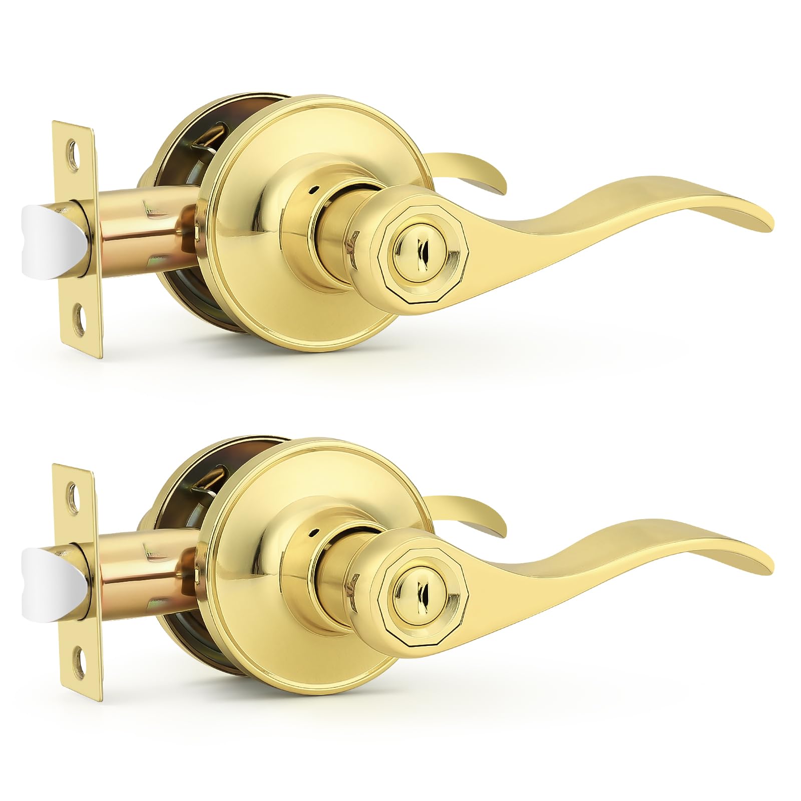 Probrico Door Handles Interior Polished Brass Privacy Door Handle Lock, Bedroom Bathroom Wave Door Lever, 2 Pack Image