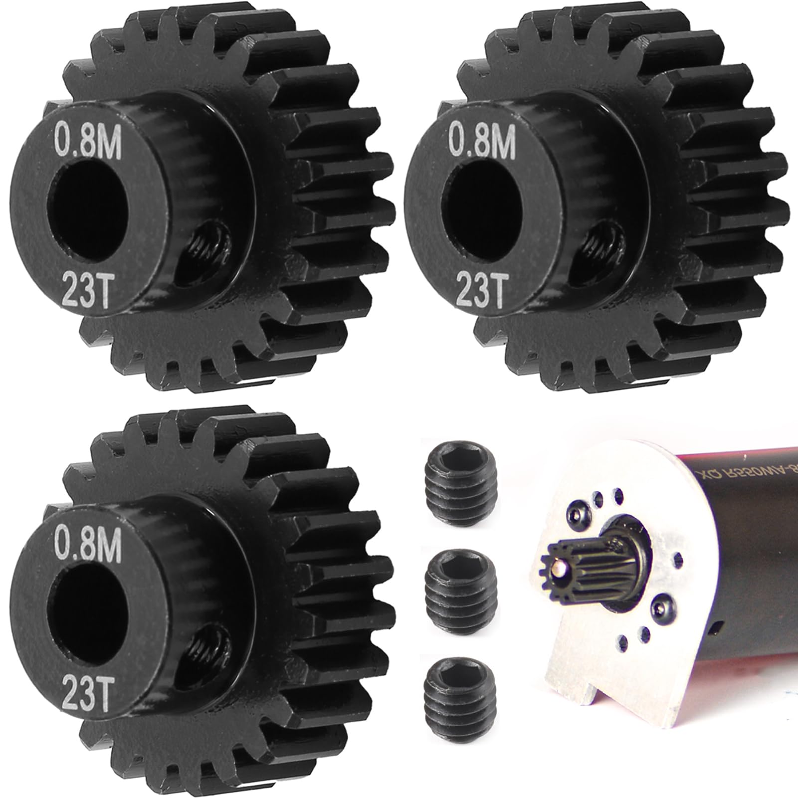 Photo 1 of 3-Pack Steel Metal 0.8M 5mm Pinion Motor Gear Sets 23T Compatible with HPI Kyosho Losi Axial Tamiya 1/8 1/10 RC Car Monster Truck Buggy, 0.8 Module Gear for Traxxsa Arrma