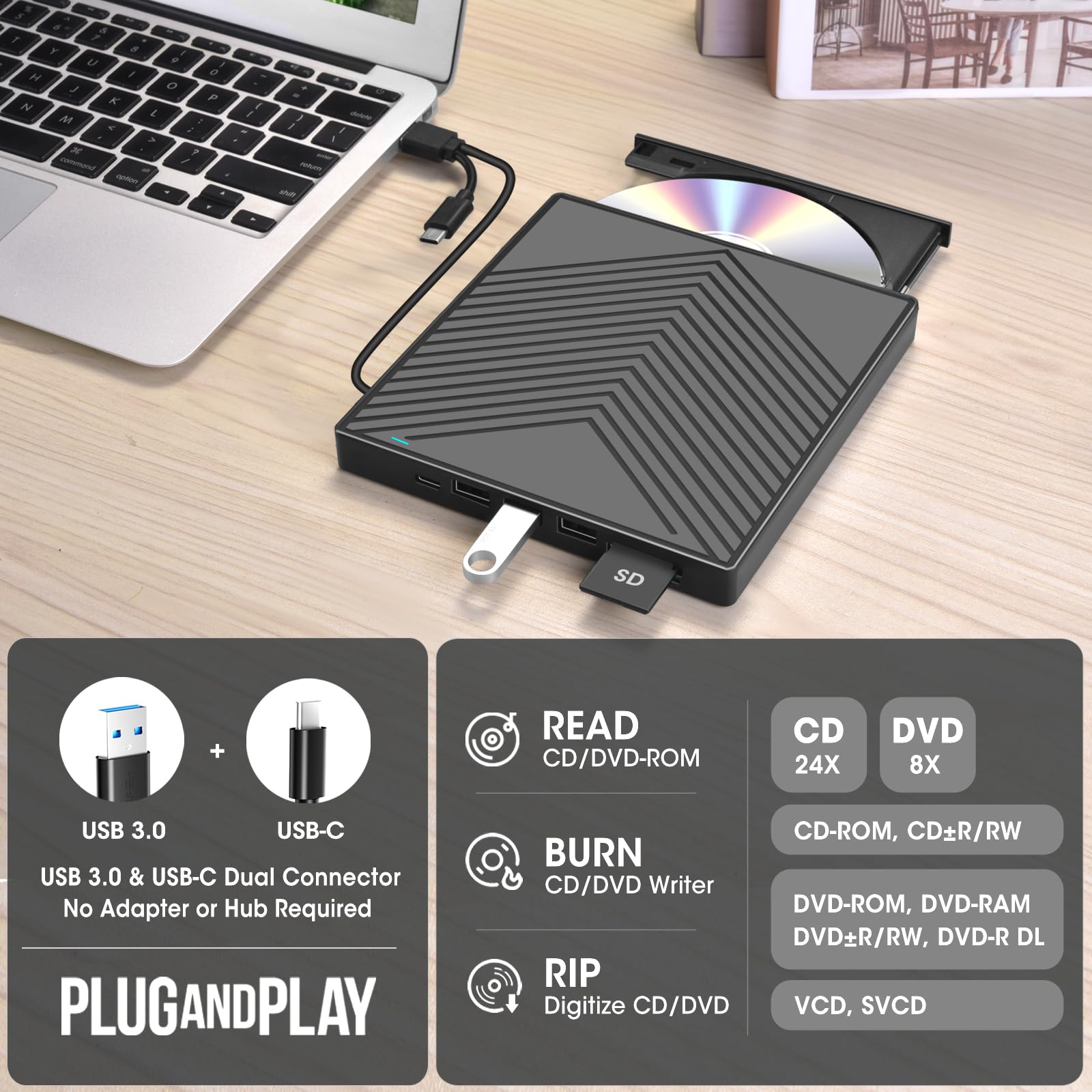 ROOFULL External CD DVD Drive, CD Burner DVD Player USB 3.0 with 4 USB Port Hub and 2 SD/TF Card Reader, USB-C CD/DVD-ROM +/-RW Disk Drive Adapter Writer for Laptop PC Mac Windows 11/10/8/7 Linux OS