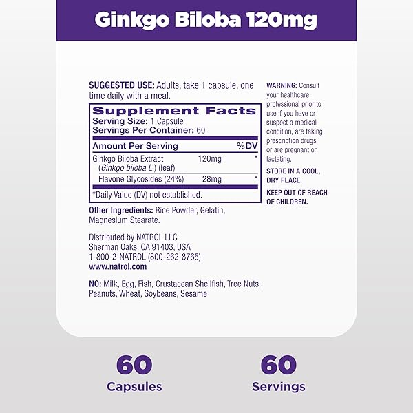 NATROL BRAIN HEALTH GINKGO BILOBA 120MG, DIETARY SUPPLEMENT FOR BRAIN HEALTH AND MEMORY SUPPORT, 60 CAPSULES, 60 DAY SUPPLY