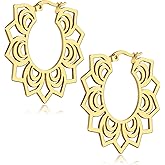 Women Bohemian Mandala Hoop Earrings - 316L Stainless Steel Vintage Boho Intricate Floral Heart Drop Dangle Earring