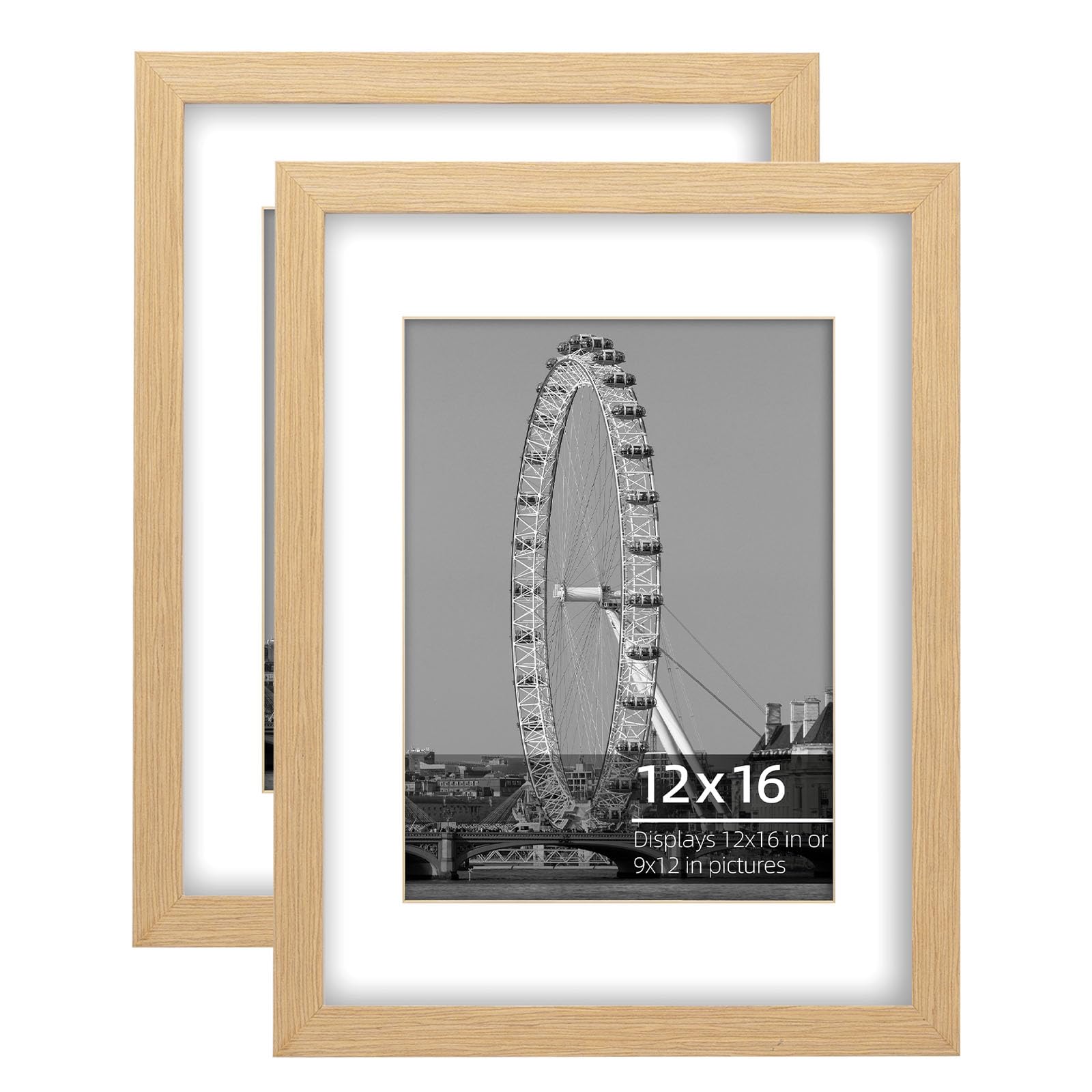 Eitida 12x16 inch (30x40 cm) or 9x12 (23x30 cm) with Mat Poster Frame Set, Wall Mount Vertically or Horizontally, Shatter Free Plexi Glass, Natural Oak Wood Grain, 2 Pack — image 1