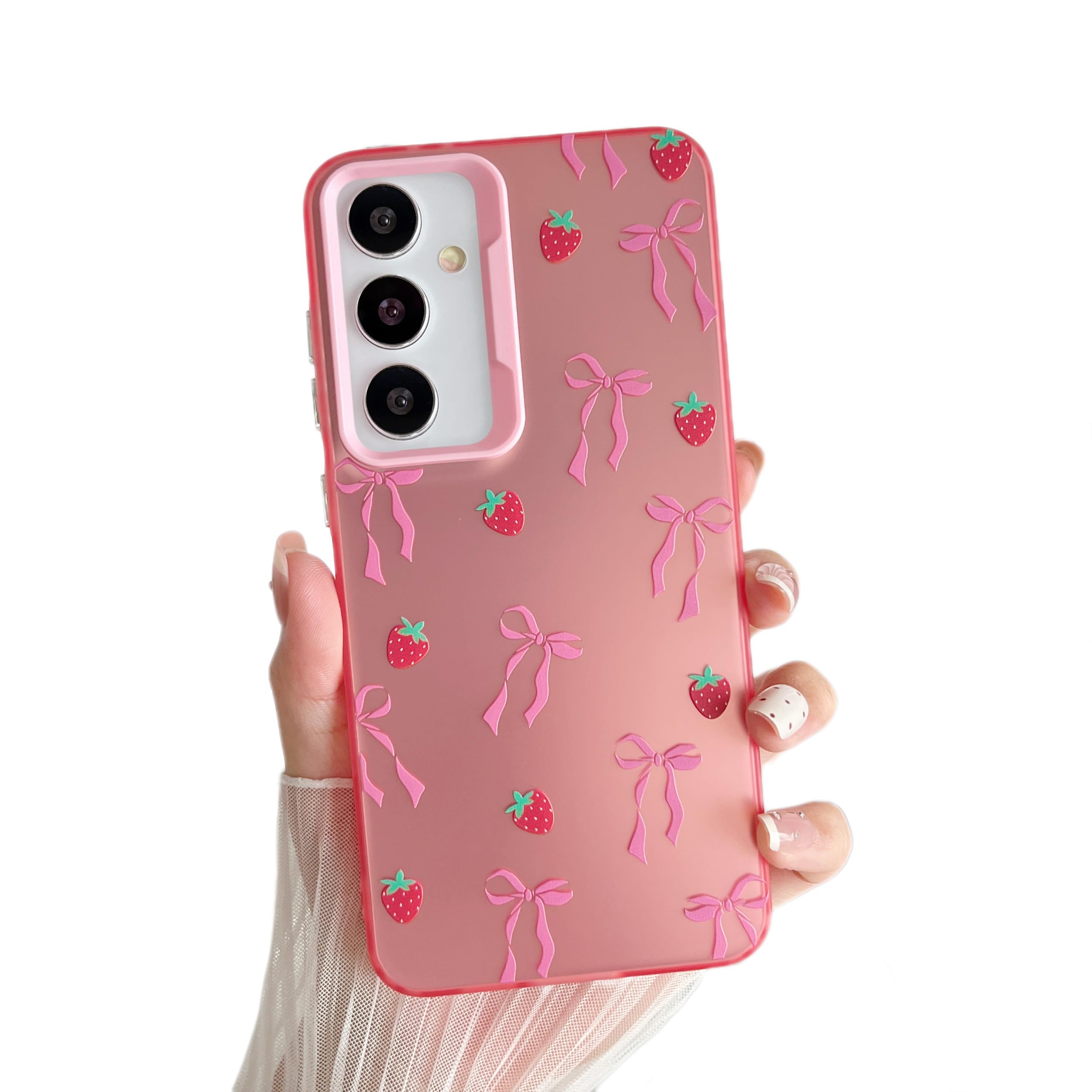 Photo 1 of ZTOFERA for Samsung Galaxy S24 Plus/S25 Plus 5G Case,Cute Pink Ribbon Bow Tie Aesthetic Phone Case,Trendy Slim Hard IMD Shockproof Protective Bumper Phone Cover for Women Girls,Strawberry