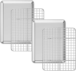 Baking Sheet with Cooling Rack Set [2 Sheets + 2 Racks], Deedro Stainless Steel Cookie Half Sheets Baking Pan Oven Tray with Rack, 10 x 8 x 1 Inch, Heavy Duty, Non-toxic, Easy Clean