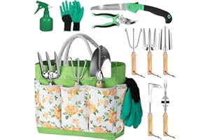 YAUNGEL Gardening Tool Set for Women - 10 Piece Heavy Duty Stainless Steel Garden Tools Kit with Ergonomic Non-Slip Handle and Stylish Storage Tote Bag, Ideal Gardening Gifts for Mom, Grandma, Gardeners