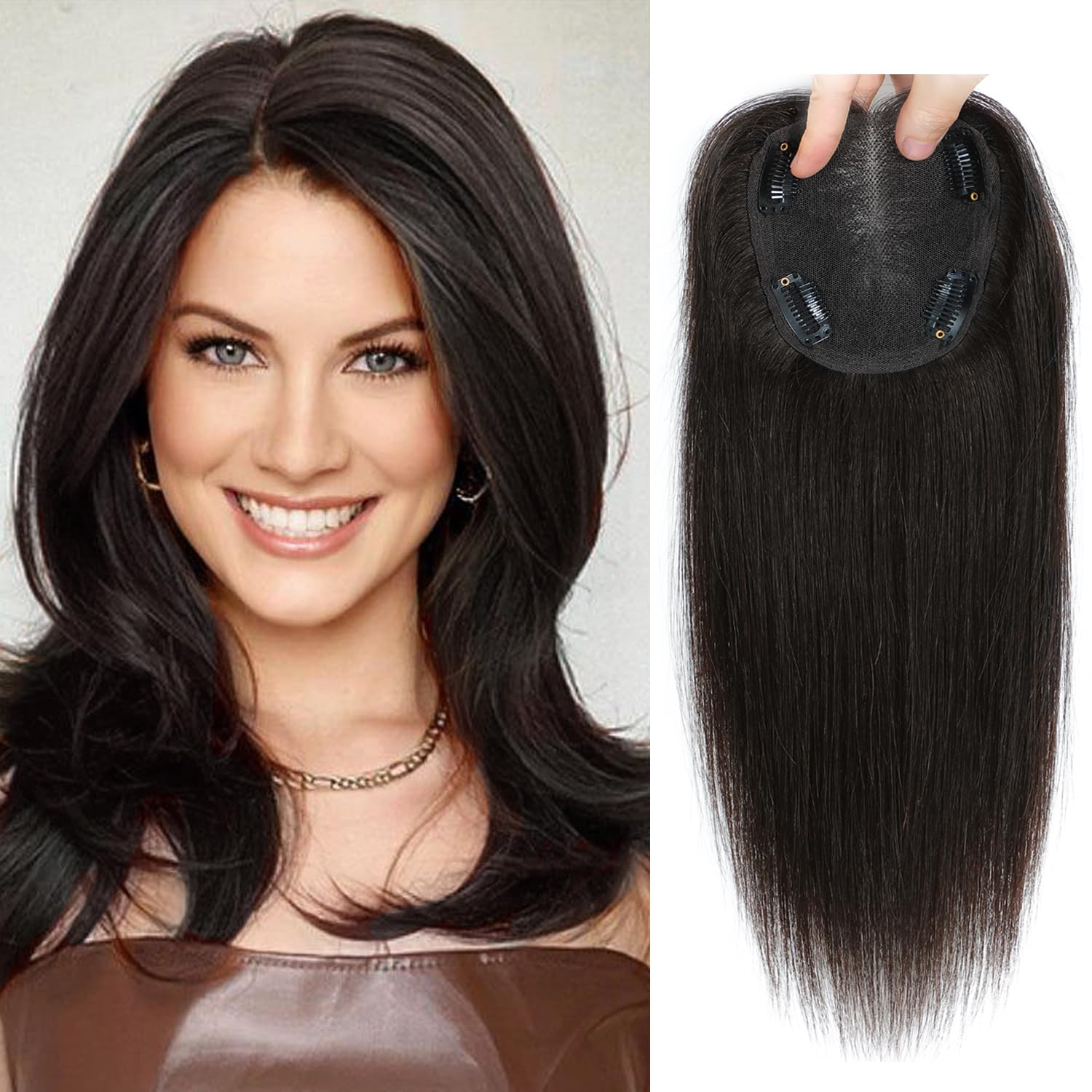 SEA SINGING Human Hair Toppers for Women Real Hair Topper with Thinning Hair 120% Density Round Shaped Swiss Base Clip in Fringe Human Hair Topper Top Hair Pieces 40g-Dark Brown(12inch, 2#)… — image 1