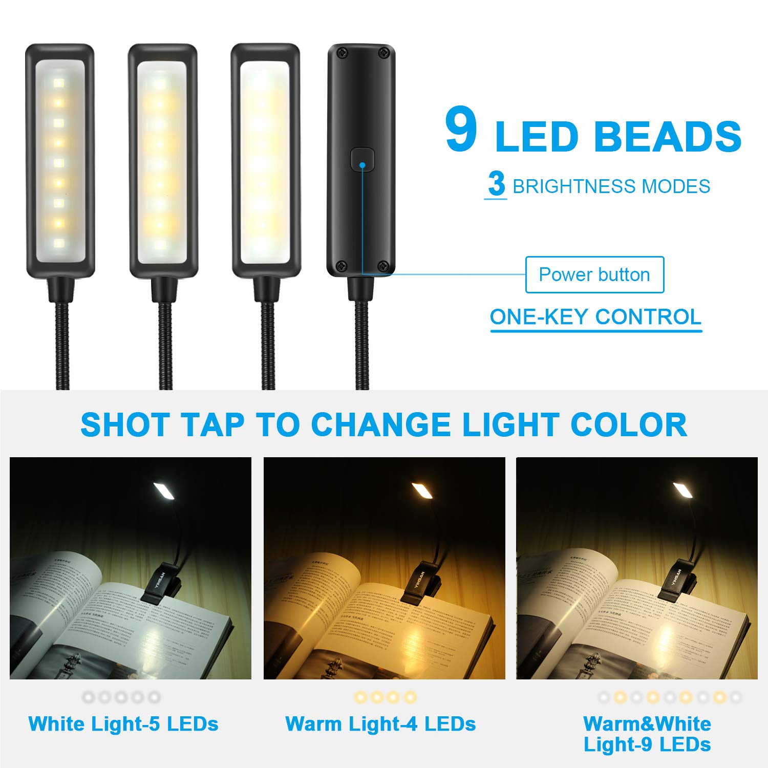 9 LED Luz de Lectura Libro, YINSAN Lampara Lectura Recargable con Sensor Táctil, 3 Modos de Brillo Ajustable (Luz Cálido y Blanco), Luz Pinza Libro para Lectores Noche, E-Reader, Estudio, Cama, Tablet
