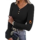 OFEEFAN Long Sleeve Thermal Shirts for Women V Neck Fleece Slim Fit Button Tops Fall Outfits Fashion Winter Clothing