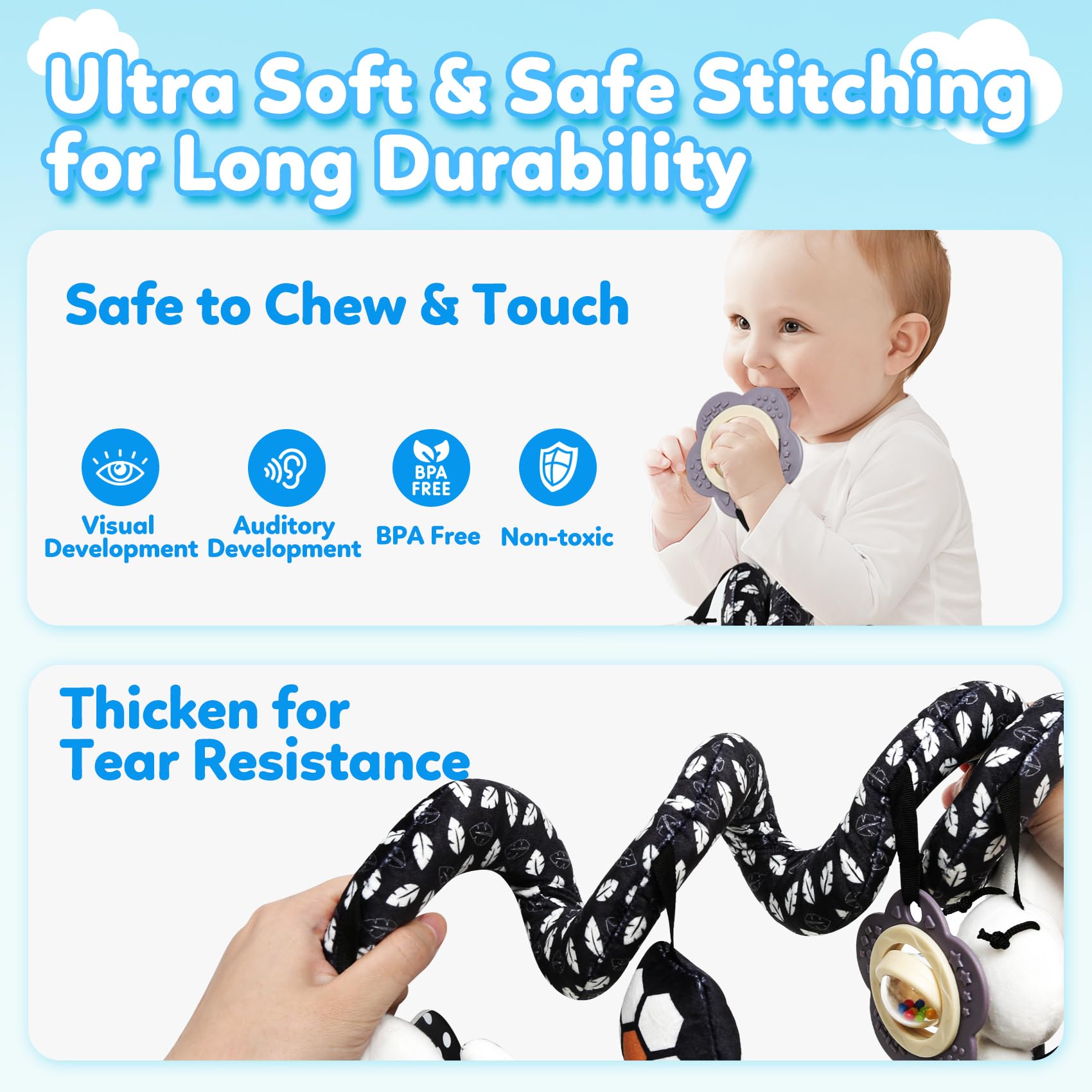 Baby Carseat Toy Black & White Rattle Spiral Hanging Activity Stroller Toy for Newborns Boys and Girls, Quality Gifts for Baby Shower - Bear