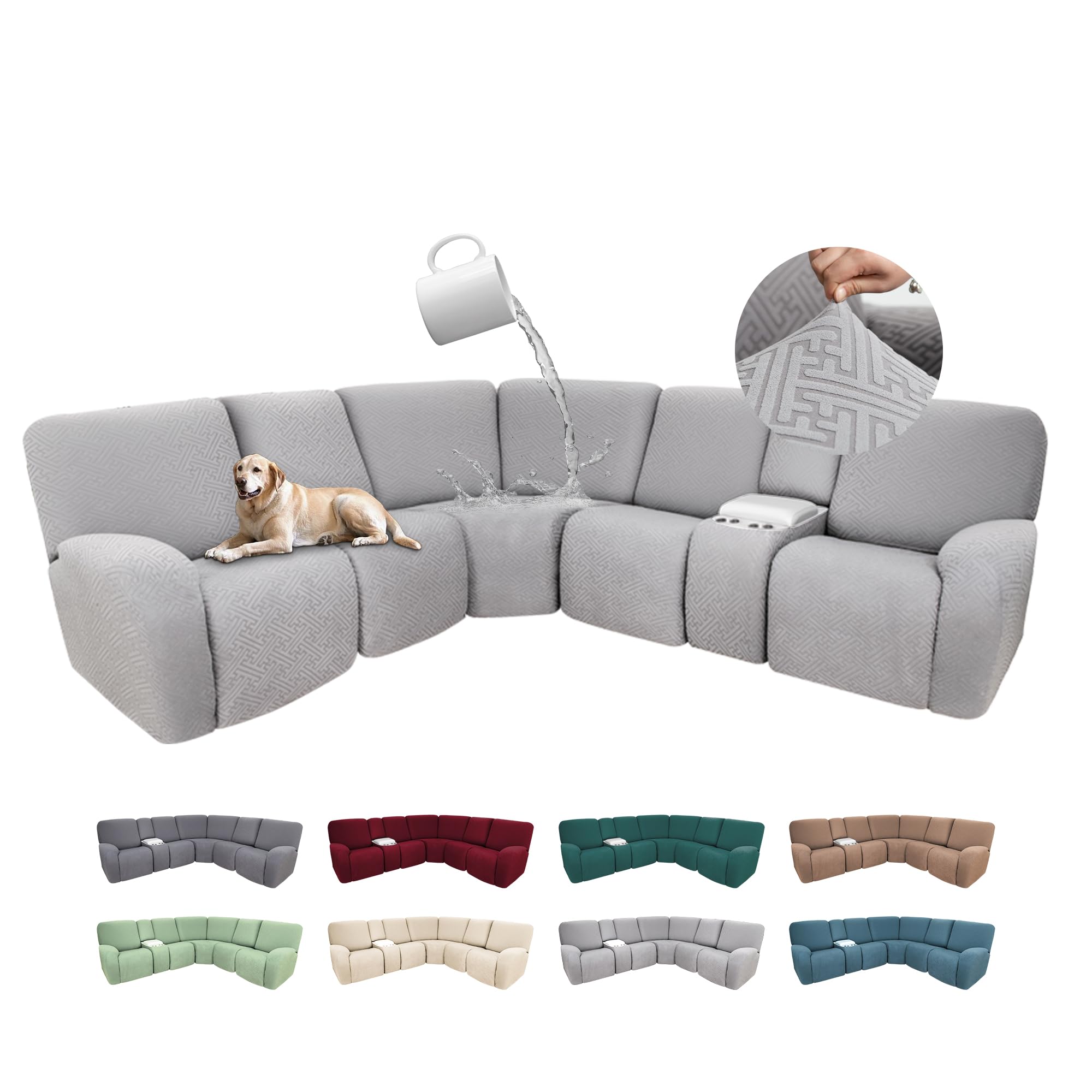 Photo 1 of ROFASVCO 100% Waterproof Sectional Recliner Couch Covers for Reclining Couch L Shaped Corner Sectional Sofa Cover Jacquard Stretch L Shape Recliner Slipcovers (5 Seater 1 Console Cover, Light Gray)