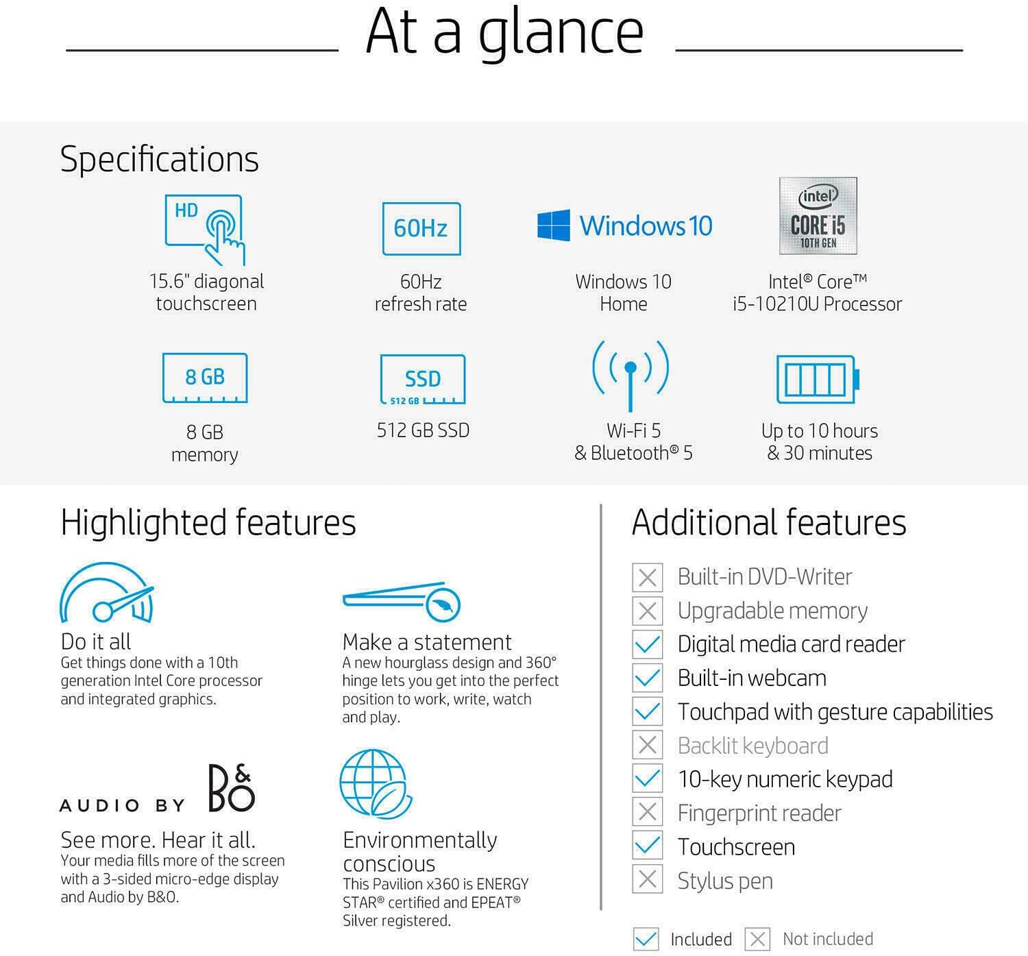 2020 HP Pavilion 15.6" 2-in-1 Convertible HD Touchscreen Laptop Intel Core i5-10210U 8GB DDR4 512GB M.2 SSD Windows 10: Computers & Accessories