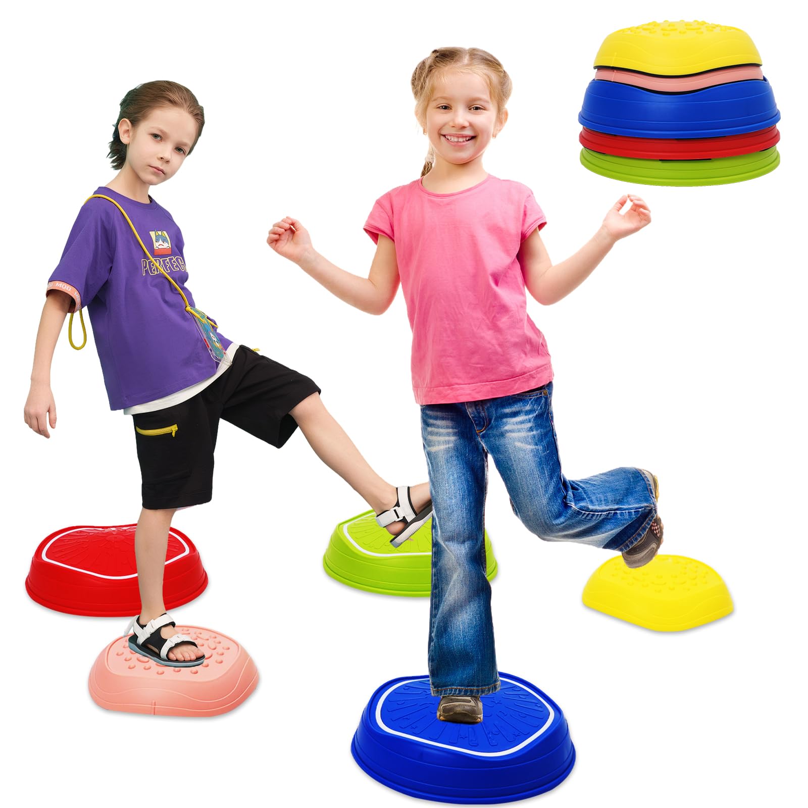 Kids Balance Stepping Stones with Light & Music 5pcs, Non-Slip Stackable Balance Blocks Toy Obstacle Course Indoor Outdoor Toddlers Sensory Exercise Toys