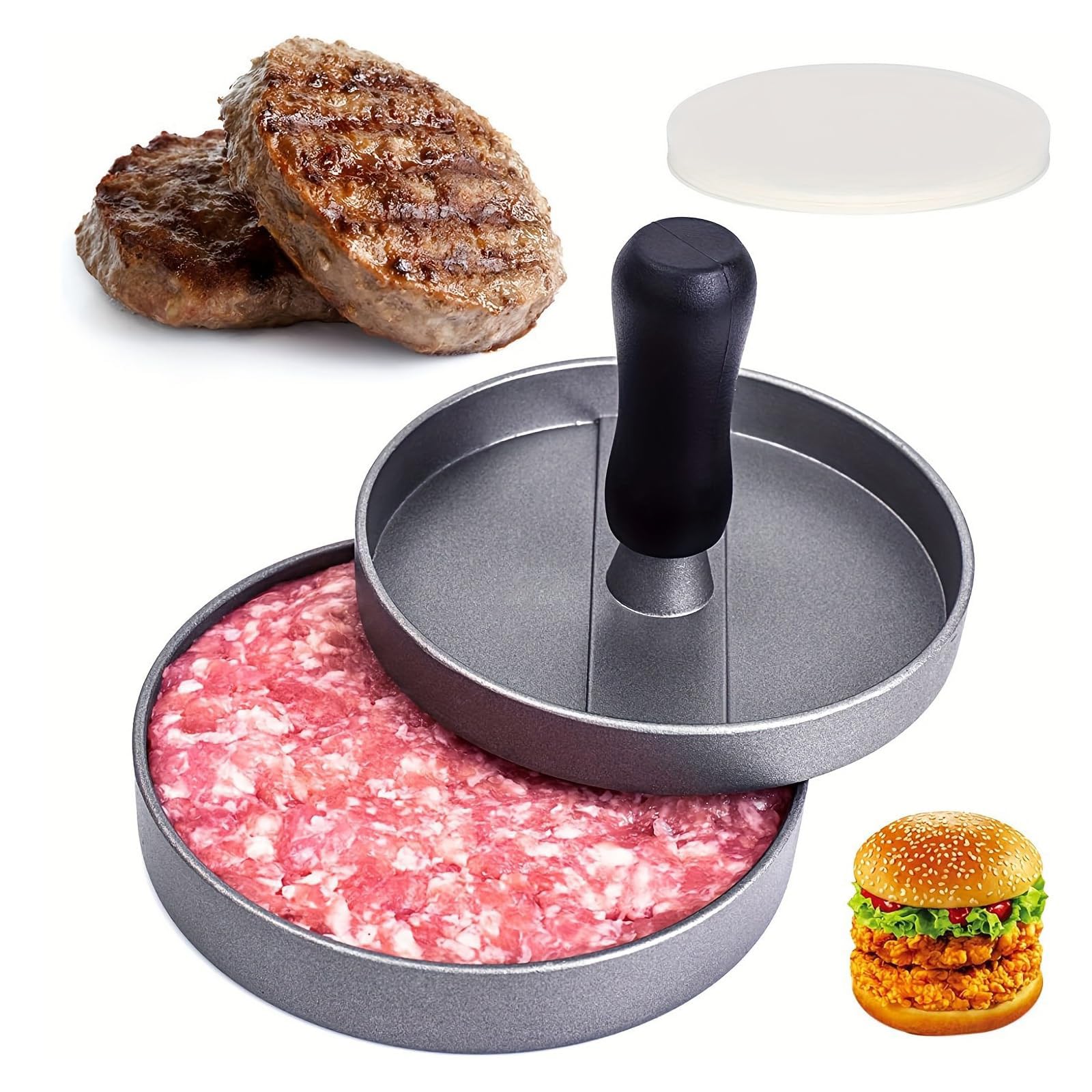 ANMEISH Burger Press with 100 Wax Paper, Aluminum Meat Patty Hamburger Press, Non-Stick Burger Maker for BBQ, Baking, Stuffed Burgers, Beef Burger