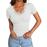 GKBK Womens Short Sleeve V Neck T Shirts Ribbed Lace Casual Tops Going Out Fitted Tight Shirts Basic Tee 2026 Outfits Trendy