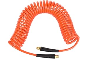 JOROY 1/4 Inch x 25 Ft PU Air Hose Polyurethane Recoil Air Hose, 1/4¡± MNPT Swivel Brass With Bend Restrictors, 120 PSI Flexible PU Air Compressor Hose Reinforced and Kink Resistant