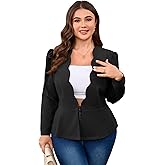 Yesfashion Plus Size Womens Hook&Eye Blazer Suit Jacket Long Sleeve Scallop Placket Peplum Business Casual Blazers