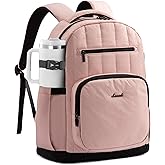 LOVEVOOK Laptop Backpack for Women with Giant Tumbler Holder Pocket,15.6 Inch Puffer Travel College Work Backpack Purse for Teacher Nurse,Waterproof Laptop Bag Computer Back Pack Daypack,Pink-Black