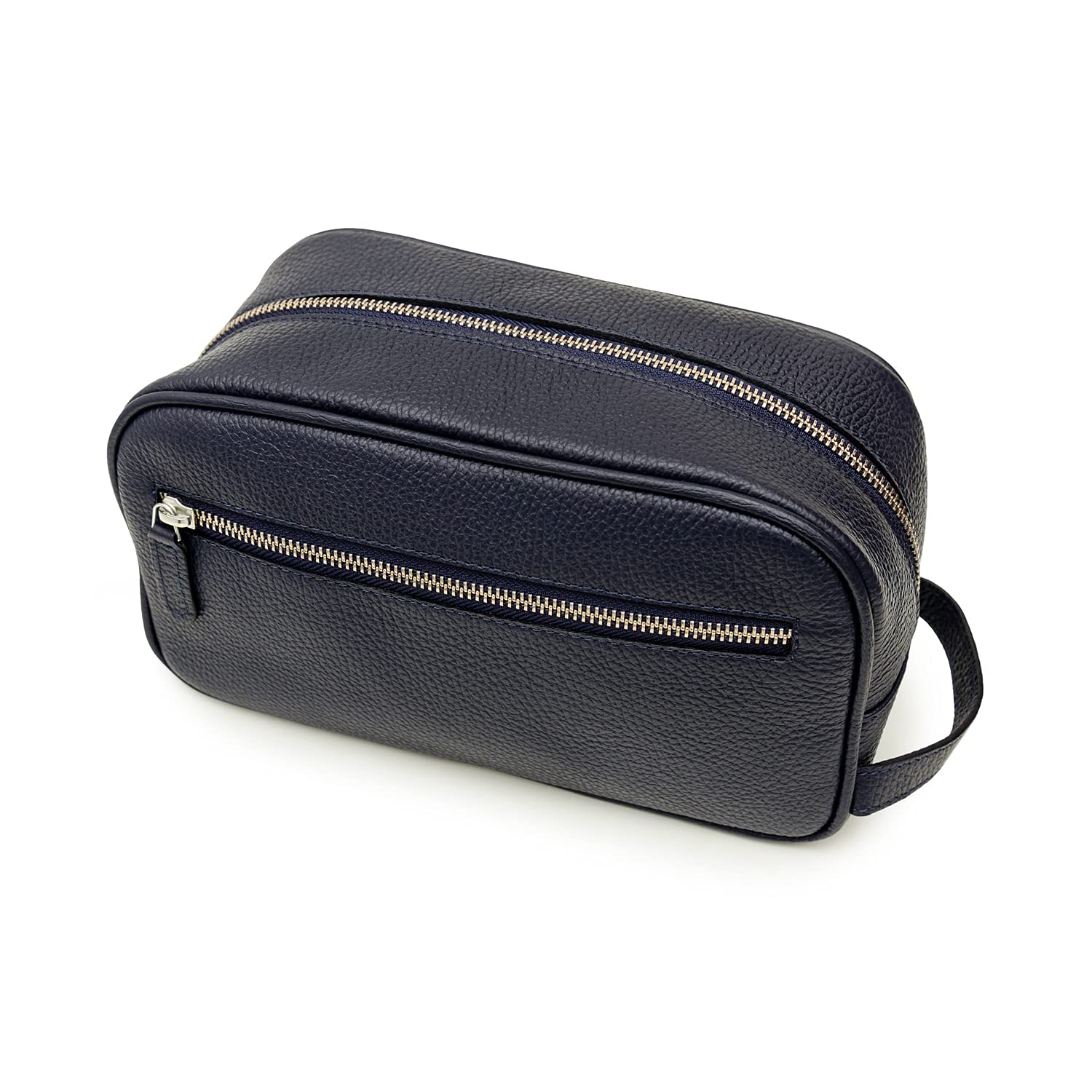 Maruse Italian Leather Toiletry Travel Bag with 2 Zippered Closures for Men and Women, Handmade in Italy, Navy