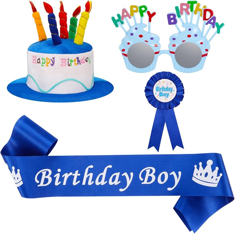 Friusate 4 Pieces Happy Birthday Hat Plush Cake Hat Kit Blue