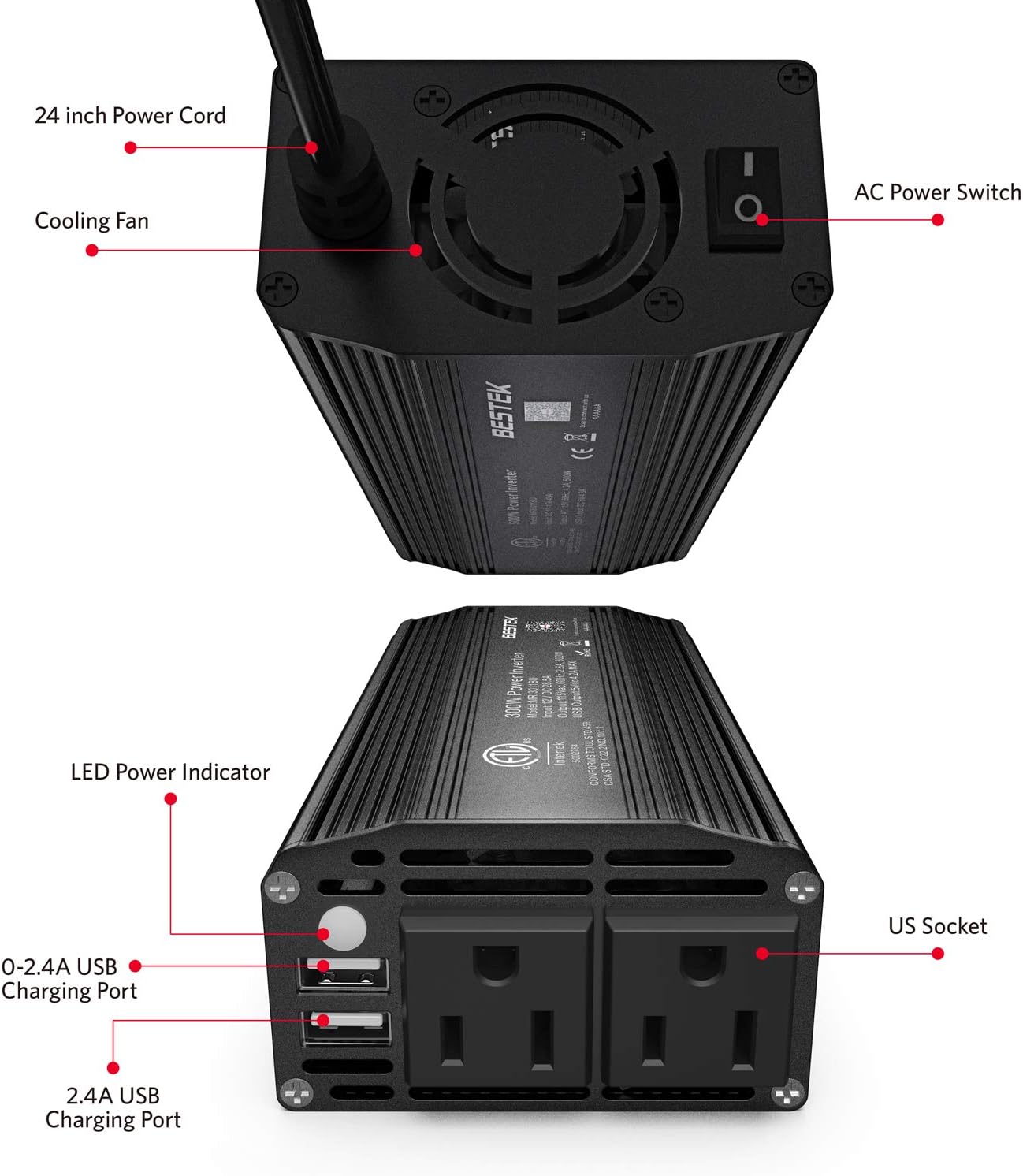 BESTEK 300W Power Inverter DC 12V to 110V AC Car Inverter with 4.2A Dual USB Car Adapter (Black): Electronics