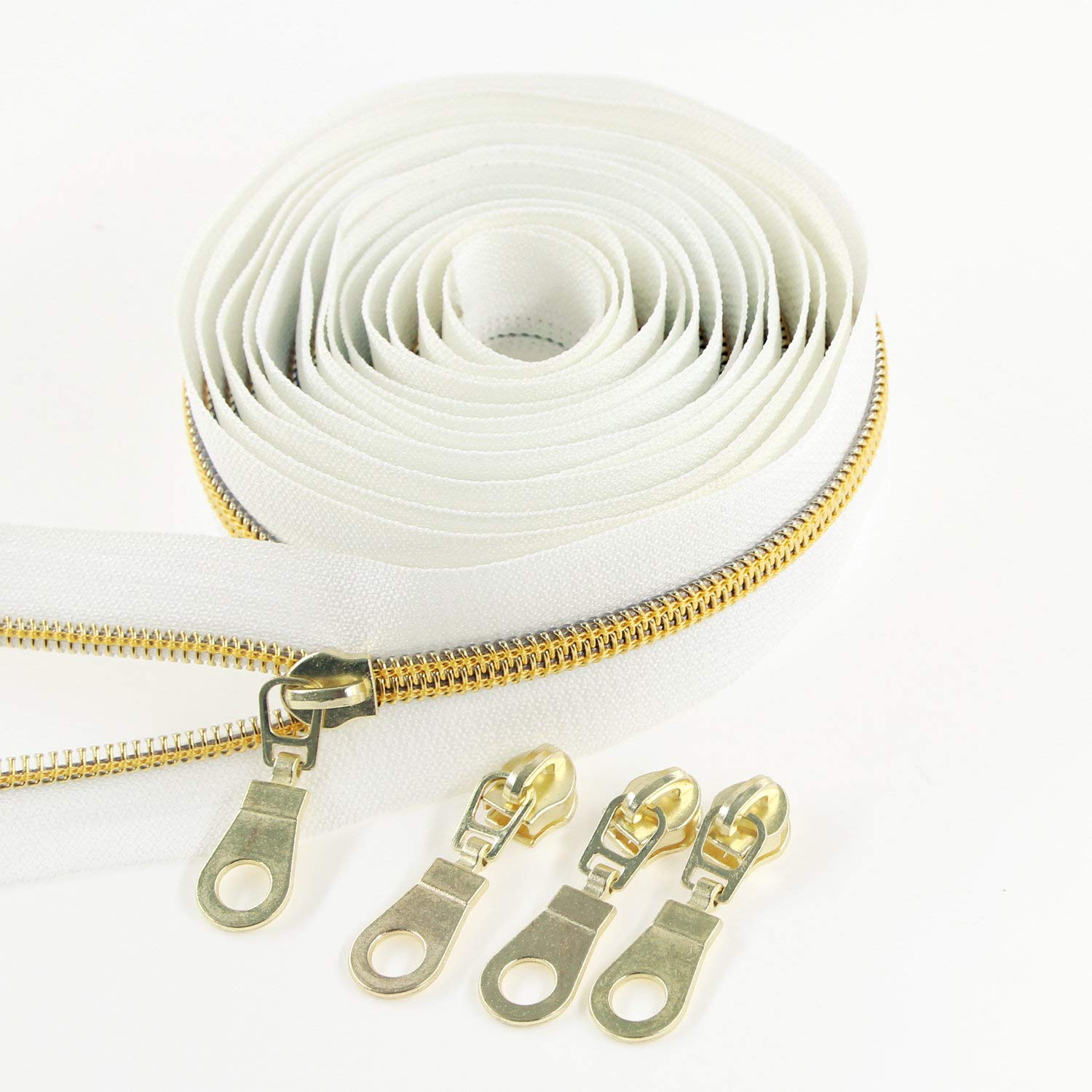 Leekayer White Nylon Zipper #5 Gold Metallic Nylon Coil Teeth Zipper by The Yards Bulk 10 Yards Tape with 25pcs Gold Sliders for DIY Sewing Tailor Craft Bag(White)