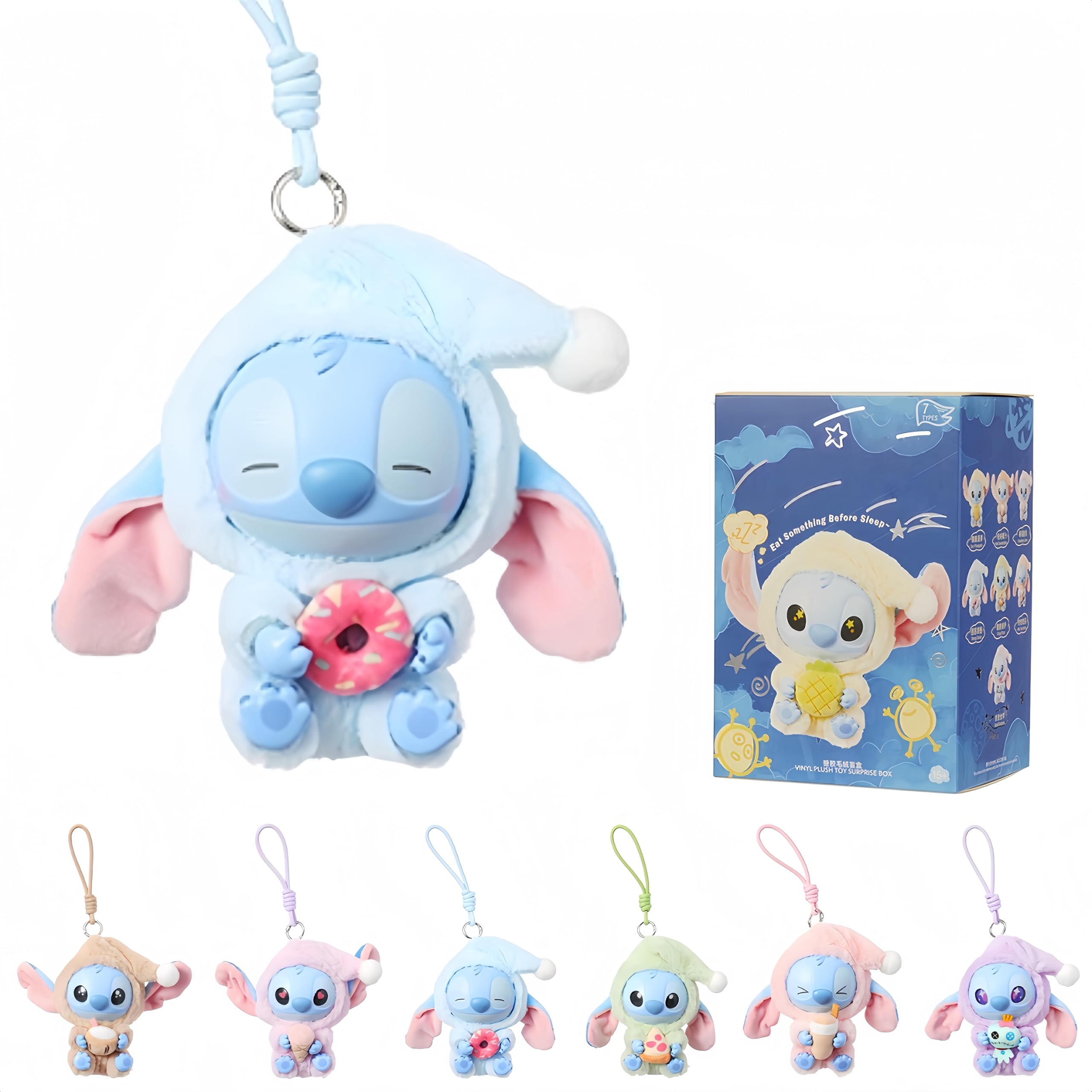 UKJNG Stitch Eat Something Before Sleep Collection Blind Box Plush Toy Keychain Single Box Vinyl Plush Toy Figure Model for Bag Decoration,Surprises Gifts for Friends and Family, Single Box