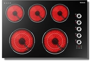 30 Inch Electric Cooktop 5 Burner Karienvir, 8600W Built-in Electric Stove Top, Cooktop 30" with Double-ring Burner, Knob & Touch Control, 9 Power Levels, Timer, Safety Lock, 220V-240V Hard Wire