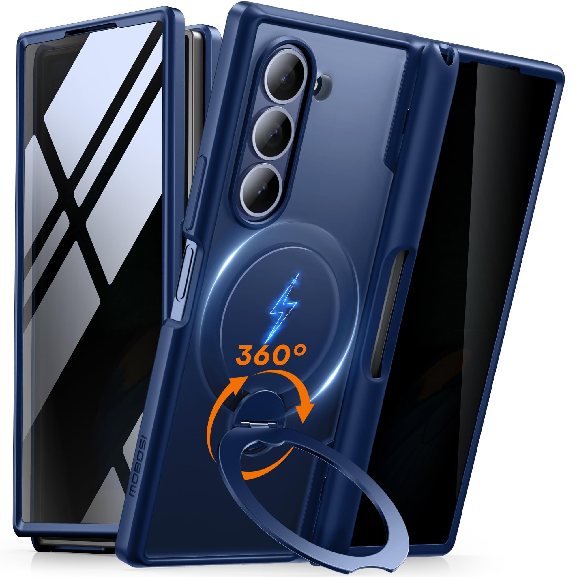 Photo 1 of MOBOSI Upgraded 360° Spin Magnetic Ring Stand for Z Fold 6 Case with S Pen Slot, Compatible with Magsafe, 18FT Military Grade Protection, Shockproof Case for Samsung Galaxy Z Fold6, Privacy Blue