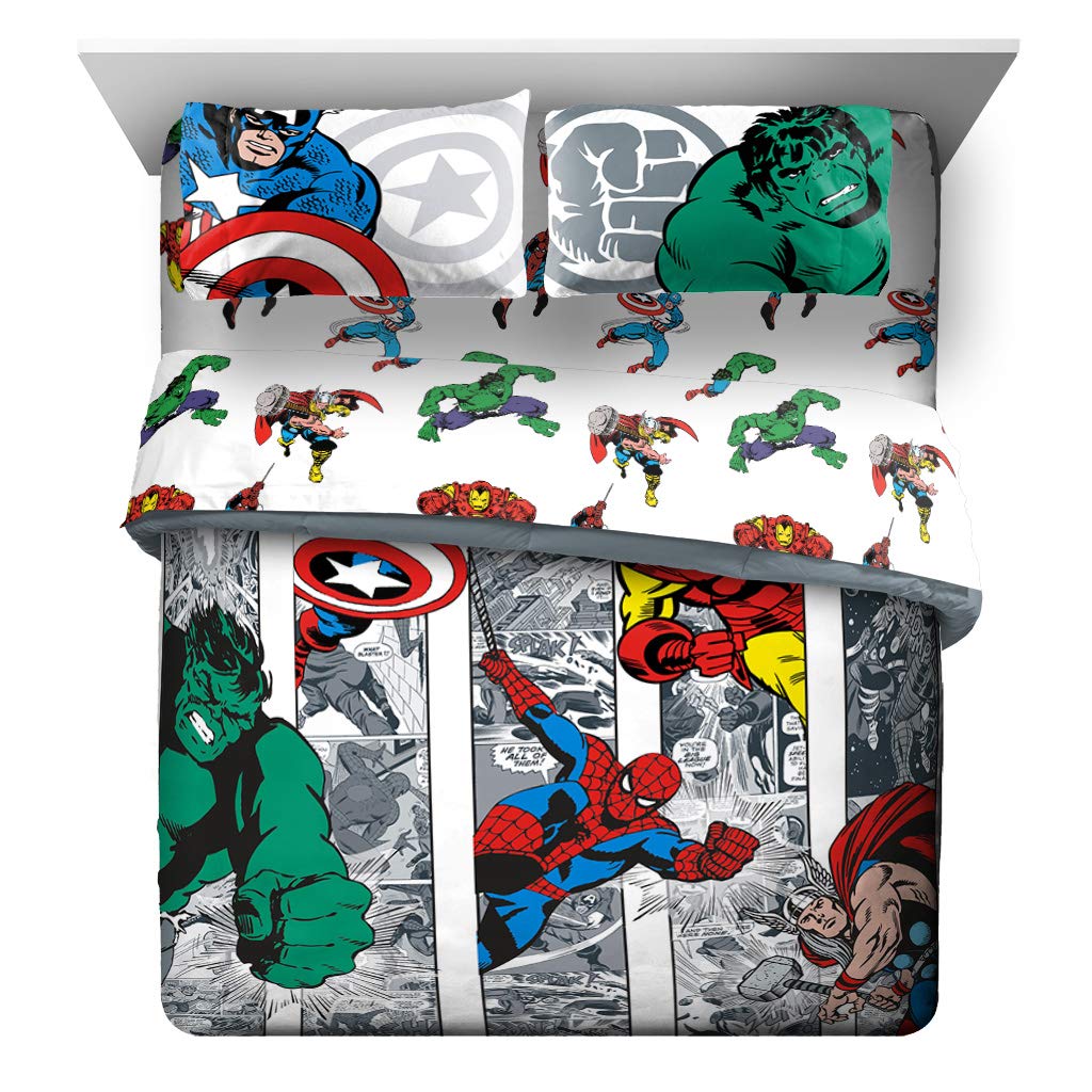 Marvel Avengers Queen Bed Set - 7 Piece Comforter & Sheet Set with Captain America, Spider-Man, Iron Man