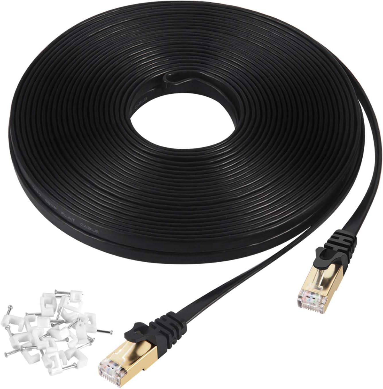 Cat7 Ethernet Cable 50 ft Shielded (STP), AULLOV High Speed Flat RJ45 Cat-7/Category 7 Internet LAN Computer Patch Cord Cable, Faster Than Cat5/Cat6-50 Feet Black (15 Meters)