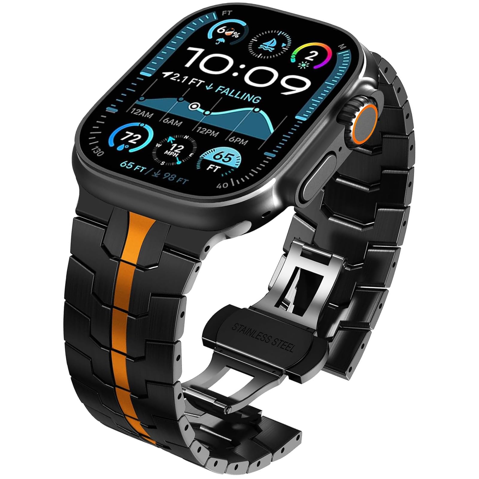 Wingle Stainless Steel Bands for Apple Watch Band Ultra 3/2/1 Band Ultra 49mm Series 11 10 46mm 45mm 44mm 42mm SE 3/2/1 Series 9 8 7 6 5 4 3 Men, Classy Business Rugged Metal iWatch Bands,Black/Orange