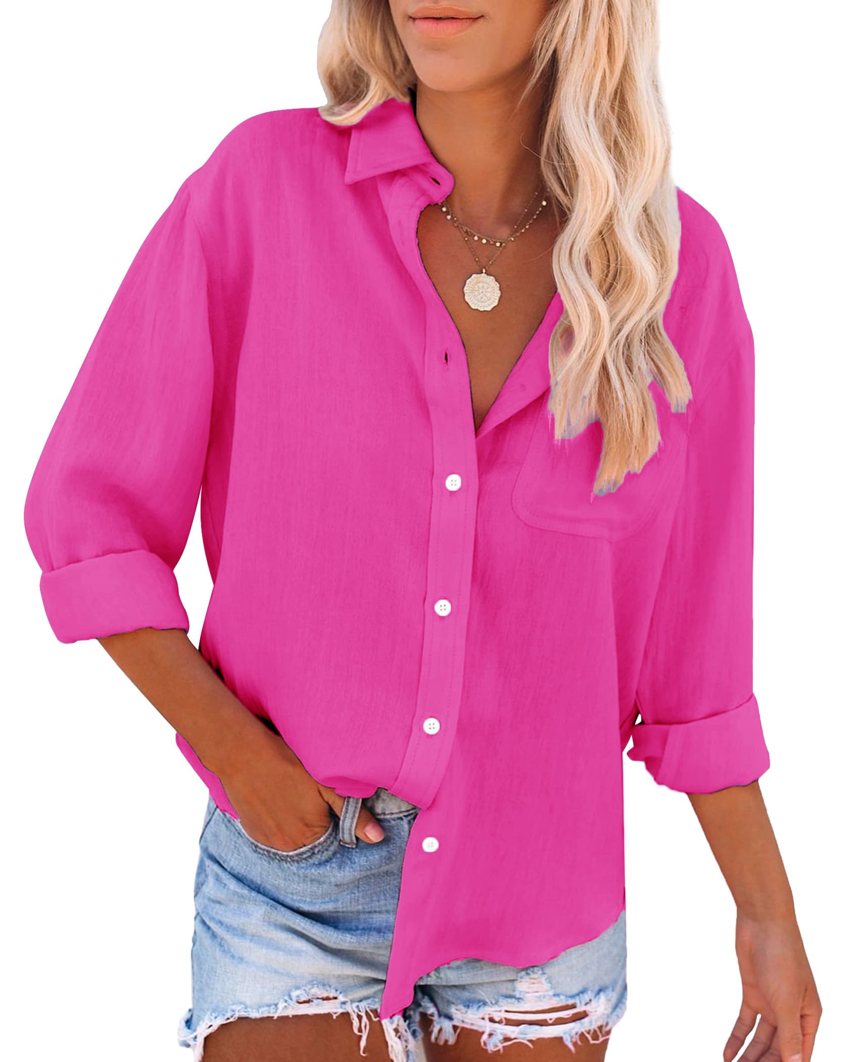 Photo 1 of siliteelon Womens Button Down Shirts Cotton Dress Shirts Long Sleeve Blouses V Neck Solid Casual Tunics Tops with Pockets - Hot Pink L