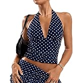 KIGRAD Women Y2k Coquette V Neck Polka Dot Mesh Crop Halter Tops Sexy Open Back Tie Up Fitted Ruched Tank Summer Shirts