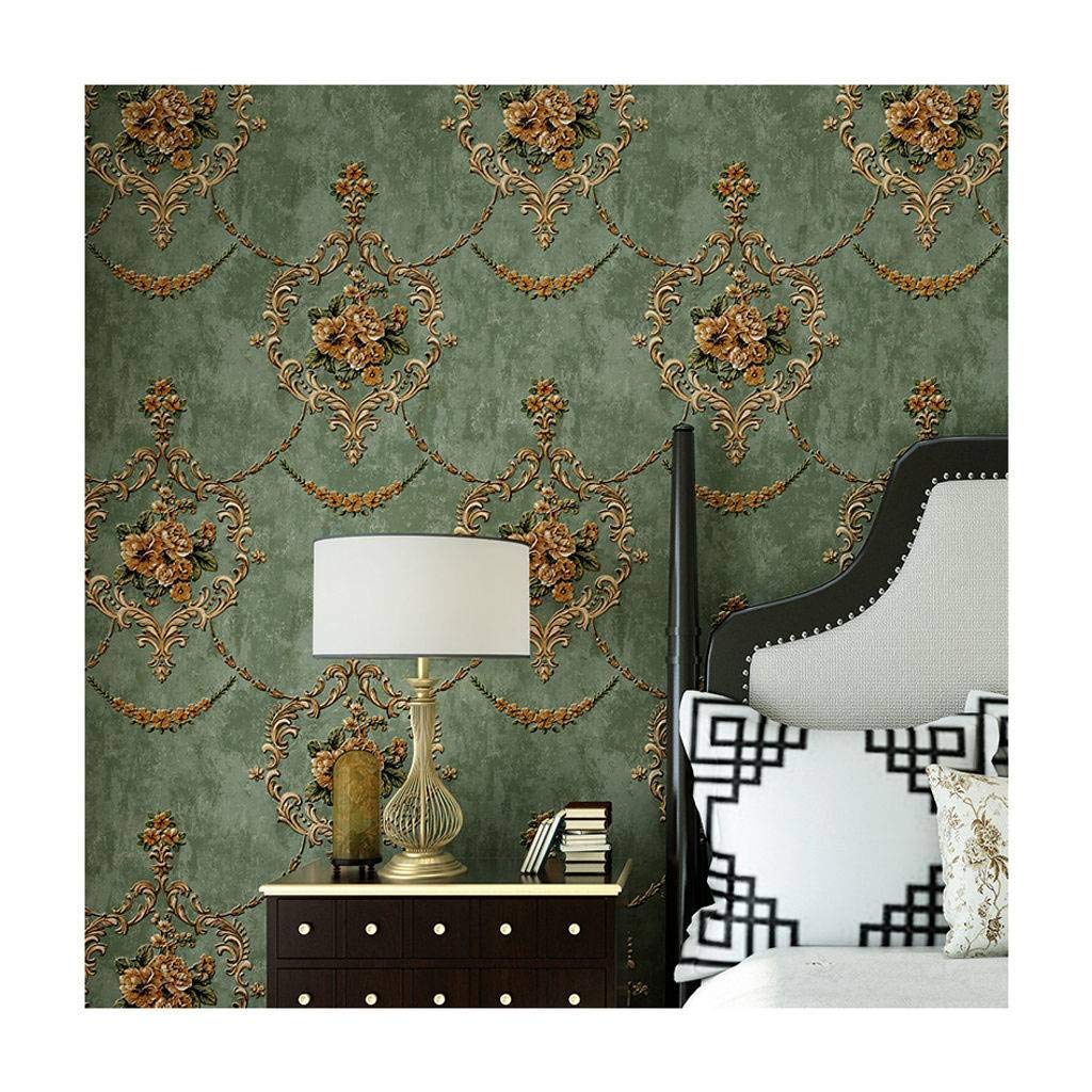 JLWM Baroque Wallpaper, Green, Non-Woven, 3D Relief, Vintage Pastoral, 0.53x10m