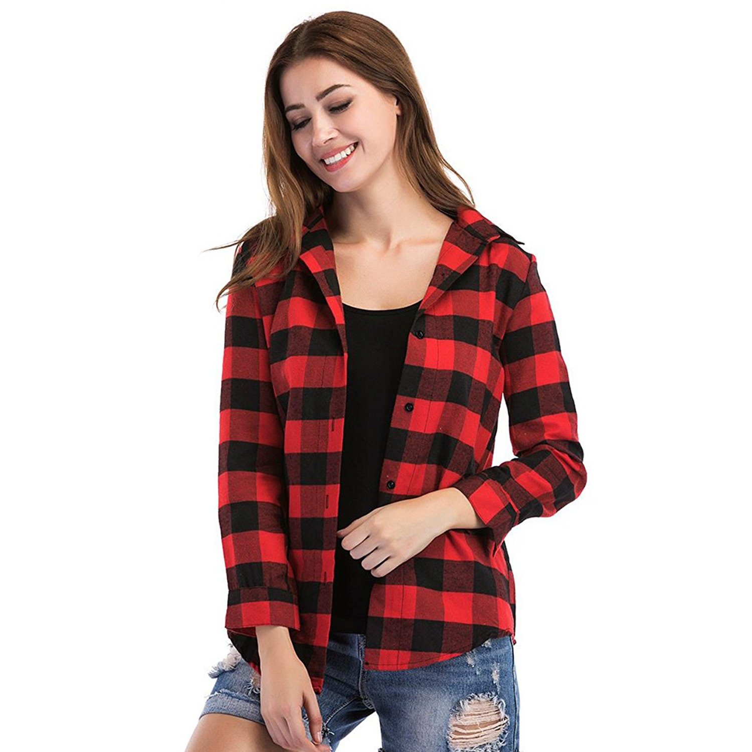 c.cozami women's long sleeves casual white/black/red checkered shirt