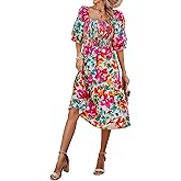 PRETTYGARDEN Women's Summer Casual Dresses 2026 Spring Puff Sleeve Square Neck A Line Flowy Boho Floral Smocked Midi Dress