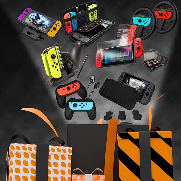 ORZLY ACCESSORY BUNDLE KIT DESIGNED FOR NINTENDO SWITCH ACCESSORIES GEEKS AND OLED CONSOLE USERS CASE AND SCREEN PROTECTOR, JOYCON GRIPS AND WHEELS FOR ENHANCED GAMES PLAY AND MORE – JET BLACK