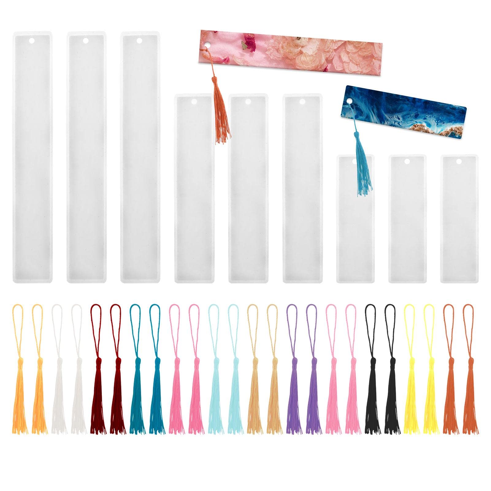 ALEOHALTER 33 Pcs Bookmark Epoxy Resin Mold Set, 9 Pcs Silicone Bookmark Moulds with 24 Pcs Colorful Tassels, Rectangle Resin DIY Casting Mould for Jewelry Crafts Decoration