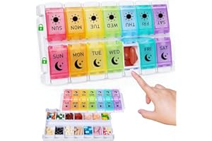 Weekly Pill Organizer 2 Times a Day, Easy Fill Am Pm Pill Box 7 Day Push Button Pill Container Medicine Organizer for Vitamin