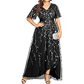 Pinup Fashion Plus Size Formal Dresses - Evening Gowns Sequin Embroidery V-Neck Prom Long Dress with Slit